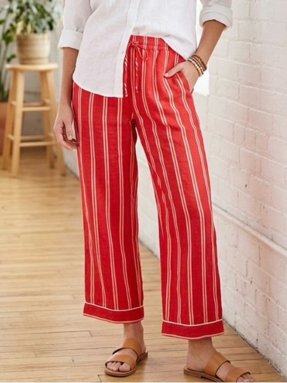 Buru Linen Wide Leg Everyday Pants Women’s 1X Elastic Waist Red Striped Coastal